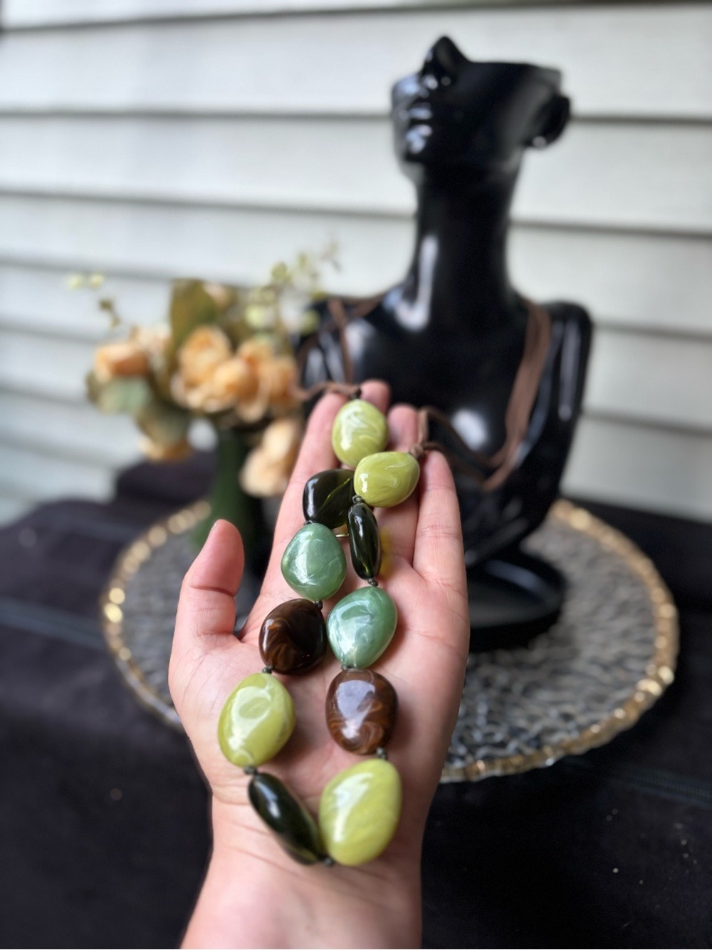 💚 Vintage Long Pebble Necklace Believed French Bakelite • Marbled Green Brown